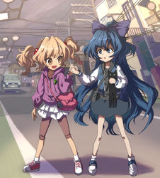 Rule 34 | 2girls, :o, aged down, bag, black shirt, blue eyes, blue hair, bow, bracelet, brown eyes, building, car, child, commentary request, drawstring, hair bobbles, hair bow, hair ornament, highres, holding hands, hood, hoodie, jacket, jewelry, letterman jacket, long hair, motor vehicle, multiple girls, open mouth, orange hair, outdoors, power lines, purple hoodie, road, shirt, shoes, shoulder bag, siblings, sisters, skirt, sneakers, socks, street, stuffed animal, stuffed cat, stuffed toy, syope, touhou, twintails, utility pole, very long hair, white legwear, yorigami jo&#039;on, yorigami shion