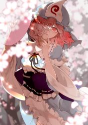 Rule 34 | 1girl, blue hat, blurry, cherry blossoms, depth of field, dutch angle, finger to mouth, hair over one eye, hand fan, hat, highres, kerok (joniko1110), looking at viewer, mob cap, paper fan, pink hair, red eyes, saigyouji yuyuko, short hair, solo, touhou, wide sleeves
