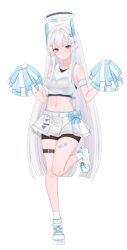 Rule 34 | 1girl, absurdres, bandaid on thigh, bare shoulders, belt, blue archive, blush, bow, bowtie, breasts, cheerleader, crop top, grey hair, halo, highres, hiyayo25, holding, holding pom poms, large breasts, long hair, looking at viewer, midriff, navel, noa (blue archive), pleated skirt, pom pom (cheerleading), pom poms, purple eyes, shoes, skirt, sleeveless, smile, sneakers, solo, thigh belt, thigh strap, very long hair, white hair