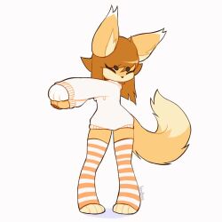 Rule 34 | 1girl, ^ ^, animal ears, animal hands, animal nose, animated, artist name, barefoot, biankers, body fur, brown choker, brown hair, choker, closed eyes, dancing, fox ears, fox girl, fox tail, full body, furry, furry female, grey background, highres, hood, hood down, hoodie, looping animation, medium hair, open mouth, original, pawpads, smile, solo, striped clothes, striped thighhighs, tail, the monkey, thighhighs, v-shaped eyebrows, video, white hoodie, yellow fur