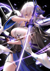 Rule 34 | 1girl, absurdres, an yasuri, antenna hair, azur lane, bare shoulders, black background, blue hakama, breasts, choker, detached sleeves, dual wielding, fox mask, hakama, hakama skirt, highres, holding, holding sword, holding weapon, japanese clothes, katana, large breasts, long hair, looking at viewer, low ponytail, mask, mask on head, purple eyes, side slit, sideboob, silver hair, simple background, skindentation, skirt, solo, standing, sword, thighs, tosa (azur lane), turret, weapon, wide sleeves