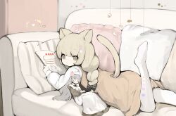 Rule 34 | 2girls, animal ears, blonde hair, bow, braid, cat ears, cat tail, clothing cutout, couch, grey hair, hair bow, highres, leg up, maid, mouse ears, multiple girls, on couch, original, pillow, shirokujira, sleeping, tail, tail through clothes, yellow eyes