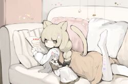 2girls animal_ears blonde_hair bow braid cat_ears cat_tail clothing_cutout couch grey_hair hair_bow highres leg_up maid mouse_ears multiple_girls on_couch original pillow shirokujira sleeping tail tail_through_clothes yellow_eyes