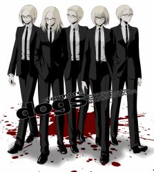 Rule 34 | 5girls, alternate costume, bespectacled, blonde hair, blood, calanthe (artist), clare (claymore), claymore (series), crossover, deneve, formal, glasses, helen, jean, miria, multiple girls, pant suit, pants, parody, reservoir dogs, suit