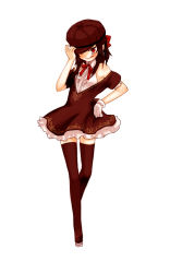 Rule 34 | 1girl, :p, brown hair, dress, gloves, gwayo, gwayom, hat, long hair, omyo, red eyes, simple background, solo, thighhighs, tongue, tongue out, white background