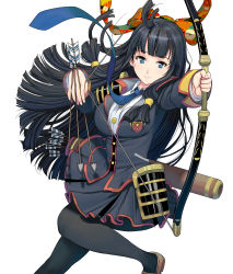 Rule 34 | 1girl, arrow (projectile), between fingers, black hair, black pantyhose, blue eyes, bow (weapon), breasts, drawing bow, highres, holding, holding bow (weapon), holding weapon, kouno (masao), large breasts, long hair, looking at viewer, necktie, pantyhose, quiver, simple background, skirt, smile, solo, weapon, white background