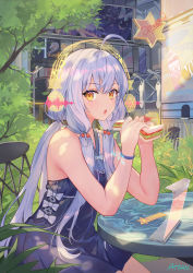 Rule 34 | 1girl, :o, ahoge, artist name, atdan, bare arms, bare shoulders, blue dress, bow, building, chair, cherry hair ornament, commentary, dress, flag, food, food-themed hair ornament, hair ornament, hands up, highres, holding, holding food, light purple hair, long hair, looking at viewer, low twintails, open mouth, orange eyes, outdoors, sandwich, sitting, sleeveless, sleeveless dress, solo, table, tree, twintails, vocaloid, white bow, wristband, xingchen