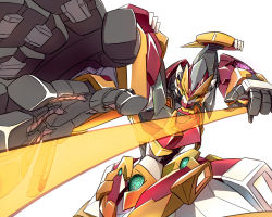Rule 34 | bingshan, close-up, energy sword, extra hands, green eyes, holding, holding sword, holding weapon, looking at viewer, mecha, no humans, original, robot, solo, sword, weapon, white background