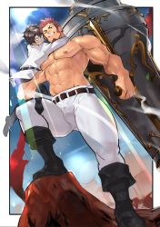 Rule 34 | 2boys, abs, bara, belt, black footwear, blue eyes, boots, brown belt, brown hair, bulge, cannon, carrying, chaldea uniform, facial hair, fate/grand order, fate (series), from below, fujimaru ritsuka (male), full body, goatee, highres, holding, holding weapon, huge weapon, knee boots, large pectorals, long sideburns, looking at viewer, male focus, mature male, multiple boys, muscular, muscular male, napoleon bonaparte (fate), navel, nipples, no scar, o o, one eye closed, pants, pectorals, raised eyebrow, topless male, short hair, sideburns, smirk, smug, stomach, thick thighs, thighs, tight clothes, tight pants, tofu (tofulabo), weapon, white pants