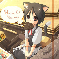 Rule 34 | 1girl, animal ears, brown eyes, brown hair, cat ears, cat tail, chocolate, english text, fuji-k, heart, lowres, mouth hold, original, short hair, solo, tail