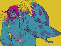 Rule 34 | 1girl, absurdres, blue skin, blush, cleft of venus, colored sclera, colored skin, cteno (slugbox), flat chest, head arms, highres, looking at viewer, monster girl, no nipples, nude, open mouth, original, pink eyes, pink hair, pussy, semi-rimless eyewear, short hair, slugbox, smile, solo, spiked tail, standing, striped tail, tail, under-rim eyewear, yellow sclera, yellow skin