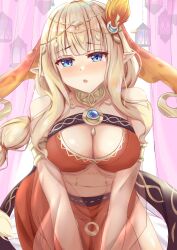 Rule 34 | 1girl, blonde hair, blue eyes, blush, breasts, cleavage, detached sleeves, elf, hair ornament, i tamima, large breasts, long hair, looking at viewer, official alternate costume, open mouth, pointy ears, princess connect!, saren (princess connect!), saren (sarasaria) (princess connect!), sidelocks, solo, stomach, veil