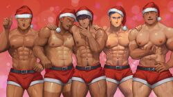 Rule 34 | 5boys, :p, ^ ^, abs, absurdres, arm around shoulder, arm hair, bara, beard, beard stubble, blush, bulge, chest hair, christmas, closed eyes, covered penis, dark-skinned male, dark skin, facial hair, feet out of frame, flexing, full beard, goatee, gorou naoki, hairy, hand hair, hat, highres, knuckle hair, large pectorals, leg hair, looking at viewer, male focus, mature male, multiple boys, muscular, muscular male, navel, navel hair, nipples, one eye closed, original, pectorals, red headwear, santa costume, santa hat, seductive smile, short hair, smile, standing, stomach, stubble, tan, tanline, thick eyebrows, thick thighs, thighs, thumbs up, tongue, tongue out, topless male, veins, veiny arms, yaoi