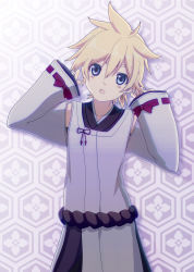 Rule 34 | 1boy, indigo (module), blonde hair, blue eyes, commentary, cowboy shot, detached sleeves, hands up, highres, hirobakar, indigo (module), japanese clothes, kagamine len, looking at viewer, male focus, open mouth, project diva (series), shirt, sidelighting, sleeveless, sleeveless shirt, sleeves past wrists, spiked hair, vocaloid, white sleeves