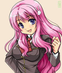 Rule 34 | 1girl, :d, baka to test to shoukanjuu, blue eyes, blush, breasts, rabbit hair ornament, clenched hand, hair ornament, hand on own hip, himeji mizuki, large breasts, long hair, looking at viewer, open mouth, pink hair, school uniform, shimeta hiromitsu, sketch, smile, solo
