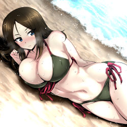 Rule 34 | 1girl, beach, bikini, black hair, blue eyes, breasts, cleavage, collarbone, commentary request, girls und panzer, green bikini, large breasts, long hair, lying, nakahira guy, navel, nonna (girls und panzer), on side, outdoors, side-tie bikini bottom, solo, swept bangs, swimsuit, waves, wet, wet clothes, wet swimsuit
