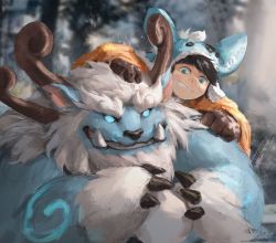 Rule 34 | 1boy, black hair, brown gloves, child, colored sclera, colored skin, forest, gloves, green sclera, green skin, grey eyes, grin, highres, hood, hood up, horns, league of legends, lindong, long sleeves, male focus, nature, no pupils, nunu (league of legends), open mouth, outdoors, smile, snow, snowball, teeth, tree, willump, yeti (creature)