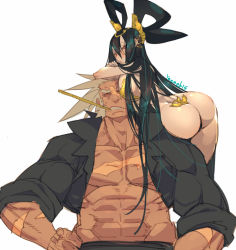 Rule 34 | 1boy, 1girl, abs, ass, black hair, breasts, clothed male nude female, cropped jacket, gold, huge ass, jewelry, large breasts, long hair, muscular, nude, open clothes, original, smoking pipe, red eyes, scar, scar on chest, scar on face, sharp teeth, sideburns, simple background, sitting on shoulder, teeth, very long hair, white background, white hair, yeeeebis