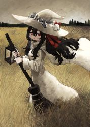 Rule 34 | 1girl, black hair, borrowed character, broom, cape, creature, creature on head, dress, grass, gregor (tsurunoka), hair between eyes, hair ribbon, hat, highres, holding, holding broom, lantern, lead white (tsurunoka), long hair, long sleeves, original, outdoors, red eyes, ribbon, shadow, solo, standing, white cape, white dress, white hat, wind, witch, witch hat, zinbei