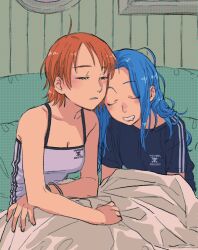 Rule 34 | 2girls, alternate costume, black shirt, blanket, blue hair, blush, bracelet, breasts, camisole, casual, cleavage, closed eyes, commentary, contemporary, drooling, eyes visible through hair, grey camisole, highres, indoors, jewelry, leaning on person, light blue hair, long hair, medium breasts, mouth drool, multiple girls, nami (one piece), nefertari vivi, one piece, orange hair, parted bangs, parted lips, shared blanket, shirt, short hair, short sleeves, sleeping, sleeveless, small breasts, smile, t-shirt, upper body, urasanmyaku, yuri