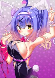 Rule 34 | 1girl, ahoge, animal ears, arm ribbon, arm up, armpits, blonde hair, blue hair, blue nails, blush, bow, bowtie, breasts, card, chinese commentary, commentary, cuffs, detached sleeves, eyes visible through hair, fake animal ears, from side, gradient background, gradient hair, grey background, grin, gyaru, hair between eyes, hair intakes, hair ornament, hand up, handcuffs, heart, heart hair ornament, highres, kohibari kurumi, large breasts, leotard, long hair, looking at viewer, multicolored hair, nail polish, nzuwaiganin, pink background, playboy bunny, playing card, rabbit ears, rabbit hair ornament, rabbit hole (vocaloid), red bow, red bowtie, red ribbon, ribbon, sideboob, simple background, smile, solo, tenshi souzou re-boot!, tsurime, twintails, upper body, wrist bow, x hair ornament, yellow eyes, yellow nails