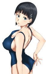 Rule 34 | 1girl, arm behind back, ass, back, bare arms, bare back, bare shoulders, black hair, blue eyes, blue one-piece swimsuit, blunt bangs, blush, bob cut, breasts, cleavage, clothes pull, competition swimsuit, from side, hair ornament, hairclip, hashimoto (frog flag), highres, kirigaya suguha, large breasts, looking at viewer, one-piece swimsuit, one-piece swimsuit pull, open mouth, school swimsuit, short hair, sideboob, simple background, solo, standing, swimsuit, sword art online, white background