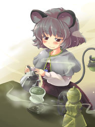 Rule 34 | 1girl, animal ears, bad id, bad pixiv id, basket, blush, brown dress, capelet, coffee grinder, coffee maker, dress, female focus, gem, grey hair, highres, jewelry, mouse (animal), mouse ears, nazrin, necklace, nise nanatsura, nisenana, pendant, pitcher (container), red eyes, shirt, short hair, smile, solo, table, touhou, water