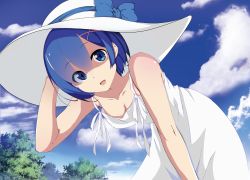 Rule 34 | 10s, 1girl, bare shoulders, bent over, blue eyes, blue hair, blue ribbon, blue sky, breasts, cleavage, cloud, cloudy sky, collarbone, dress, eyes visible through hair, hair ornament, hairclip, hat, highres, holding, holding clothes, holding hat, looking at viewer, matching hair/eyes, medium breasts, open mouth, re:zero kara hajimeru isekai seikatsu, rem (re:zero), ribbon, short hair, sky, sleeveless, solo, sundress, tree, white dress, white hat
