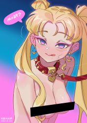 Rule 34 | 1girl, 2020, :q, absurdres, bar censor, bdsm, bishoujo senshi sailor moon, bishoujo senshi sailor moon s, blonde hair, blush, breasts, censored, collar, crescent, crescent earrings, dated, derivative work, double bun, earrings, empty eyes, english text, eyeshadow, female focus, hair bun, heart collar, highres, jewelry, leash, makeup, medium breasts, meme, nose blush, nude, parted bangs, purple eyeshadow, red collar, sailor moon, sailor moon redraw challenge (meme), saliva, slave, solo, speech bubble, spiked collar, spikes, stray pubic hair, tongue, tongue out, tsukino usagi, twintails, upper body, wudidadanao