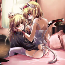 Rule 34 | 2girls, after kiss, alice margatroid, animal ears, ass, ass grab, back, bare shoulders, bed, blonde hair, blue eyes, blush, book, breasts, brown eyes, camisole, cat ears, cat girl, cat tail, chain, collar, corset, eye contact, female focus, garter straps, hairband, hand on another&#039;s face, head bump, injury, kirisame marisa, lingerie, looking at another, multiple girls, namatarou, pillow, saliva, saliva trail, sideboob, sitting, slave, smile, strap slip, string, string of fate, tail, thighhighs, touhou, underwear, yukkuri shiteitte ne, yuri