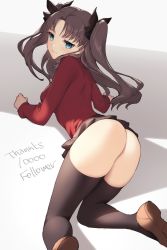 Rule 34 | 1girl, black hair, black skirt, black thighhighs, blue eyes, commentary request, fate/stay night, fate (series), from behind, frown, gomashio ponz, hair ribbon, highres, long hair, looking at viewer, miniskirt, ribbon, skirt, solo, thighhighs, tohsaka rin, two side up