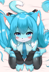 Rule 34 | 1girl, :3, animal ears, animalization, barefoot, black thighhighs, blue eyes, blue fur, blue hair, breasts, cat ears, cat girl, cat tail, closed mouth, feet, furrification, furry, furry female, hair between eyes, hatsune miku, highres, horokusa (korai), long hair, necktie, shirt, small breasts, smile, solo, tail, thighhighs, toes, twintails, very long hair, vocaloid
