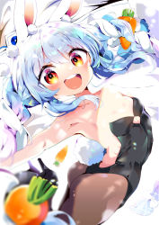 Rule 34 | 1girl, :d, aloe (kenkou3733), animal ear fluff, ass, bare back, bare shoulders, blue hair, blurry, braid, breasts, brown pantyhose, carrot hair ornament, cleavage, collarbone, commentary request, food-themed hair ornament, hair ornament, highres, hololive, leotard, long hair, looking at viewer, multicolored hair, open mouth, orange eyes, pantyhose, playboy bunny, rabbit girl, rabbit tail, small breasts, smile, solo, tail, teeth, thick eyebrows, twin braids, two-tone hair, upper teeth only, usada pekora, usada pekora (1st costume), virtual youtuber, white hair