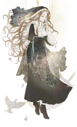 Rule 34 | 1girl, bad id, bad pixiv id, bird, black dress, black footwear, cross, cross necklace, dove, dress, closed eyes, fantasy, flower, full body, hand up, holding, holding cross, jewelry, long hair, necklace, original, see-through, simple background, solo, starry sky print, vertigowitch, very long hair, white background