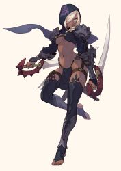 Rule 34 | 1girl, armor, assassin, black thighhighs, blue eyes, breasts, breasts apart, dual wielding, eyelashes, female focus, full body, hair over one eye, highres, holding, holding weapon, kotatsu (g-rough), looking at viewer, medium breasts, navel, original, silver hair, simple background, solo, standing, thighhighs, underboob, weapon, white background