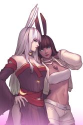 Rule 34 | 2girls, animal ears, aqua eyes, warrior of light (ff14), bare shoulders, belt, blunt bangs, breasts, brown hair, choker, cleavage, closed mouth, cowboy shot, crescent, crescent choker, cropped jacket, dark-skinned female, dark skin, detached sleeves, dress, eboda-x, eyelashes, eyeshadow, final fantasy, final fantasy xiv, glowing, gradient background, hand on own hip, hand up, highres, jacket, jewelry, leaning on person, leaning to the side, light smile, lipstick, long hair, long sleeves, makeup, midriff peek, mole, mole under mouth, multiple girls, navel, open clothes, open jacket, parted lips, pendant, profile, rabbit ears, shorts, side slit, sideways glance, simple background, straight hair, strapless, tube top, viera, white background, white hair, white jacket, white shorts, white tube top, wide sleeves