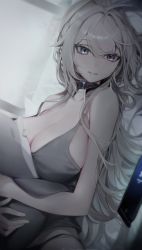 Rule 34 | 1girl, absurdres, ahoge, armpit crease, bare arms, black choker, blue eyes, breasts, cellphone, choker, chyan, cleavage, dutch angle, fog, grey hair, grey shirt, grin, hair between eyes, highres, indoors, large breasts, light blush, long hair, looking at viewer, lying, on back, on bed, original, parted lips, phone, shirt, smartphone, smile, solo, spaghetti strap, symbol-only commentary, tank top, window