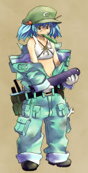 Rule 34 | 1girl, blue hair, cucumber, dirty, female focus, gloves, hair bobbles, hair ornament, hat, jumpsuit, kawashiro nitori, key, midriff, mouth hold, navel, oversized clothes, short hair, solo, touhou, twintails, two side up, unzipped, wrench, yanomasashi