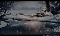 Rule 34 | 1girl, animal ears, arknights, bare tree, christmas, day, fireplace, fireworks, frostnova (arknights), lake, letterboxed, mountain, official art, rabbit ears, rabbit girl, snow, snowing, solo, tree