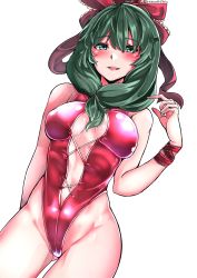 Rule 34 | 1girl, alternate costume, bare arms, bare legs, blush, breasts, center opening, cleavage, commentary request, cowboy shot, dutch angle, front ponytail, green eyes, green hair, groin, hair ribbon, highleg, highleg leotard, highres, kagiyama hina, leotard, lips, looking at viewer, medium breasts, medium hair, navel, open mouth, parted lips, red leotard, red ribbon, ribbon, shiny clothes, shiny skin, simple background, smile, solo, takena-c, thighs, touhou, white background, wrist ribbon