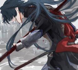 Rule 34 | 1boy, black jacket, blade (honkai: star rail), blood, blood from mouth, blood on clothes, blue hair, earrings, gloves, grey gloves, highres, holding, holding weapon, honkai: star rail, honkai (series), impaled, jacket, jewelry, long hair, long sleeves, male focus, open mouth, penyo1989, sketch, smile, solo, tassel, tassel earrings, weapon