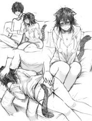 Rule 34 | 1boy, 1girl, animal ears, ass, ass grab, blush, breasts, cat ears, cat tail, cleavage, fumitan (humitan), greyscale, headpat, hetero, hood, hoodie, lying, medium breasts, monochrome, no pants, off shoulder, on stomach, original, panties, paw pose, pom pom (clothes), side-by-side, sitting, sketch, tail, trembling, underwear, wavy mouth