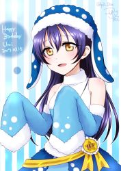 Rule 34 | 1girl, animal costume, bare shoulders, birthday, blue hair, blush, character name, commentary request, dated, detached sleeves, fur trim, hair between eyes, happy birthday, hat, long hair, love live!, love live! school idol festival, love live! school idol project, open mouth, ric. (marchen mozuku), smile, solo, sonoda umi, striped, striped background, whale shark