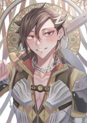 Rule 34 | 1boy, blush, brown hair, chain, chain necklace, fate/grand order, fate (series), hair between eyes, hair strand, highres, holding, holding sword, holding weapon, ichimichi 111, jacket, jewelry, looking at viewer, male focus, mandricardo (fate), multicolored hair, necklace, over shoulder, short hair, smile, solo, streaked hair, sword, upper body, weapon, weapon over shoulder, white hair, wooden sword