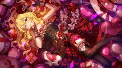 Rule 34 | 1girl, blonde hair, chocolate, game cg, garter straps, gloves, green eyes, hat, heart, hoshii miki, idolmaster, idolmaster million live!, idolmaster million live! theater days, lying, mini hat, nail polish, official art, on back, partially fingerless gloves, solo, thighhighs