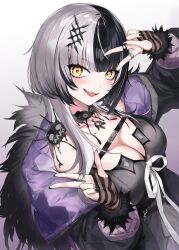 Rule 34 | 1girl, black coat, black dress, black hair, black nails, blush, breasts, chest strap, coat, collarbone, crystal shoujo, double v, dress, fingerless gloves, fur-trimmed coat, fur trim, gloves, grey hair, hair ornament, highres, hololive, hololive english, jewelry, large breasts, multicolored hair, multiple rings, open clothes, open coat, parted lips, ribbon, ring, shiori novella, shiori novella (1st costume), solo, split-color hair, streaked hair, striped clothes, striped gloves, unzipped, v, virtual youtuber, white ribbon, yellow eyes