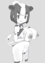 Rule 34 | 1girl, absurdres, animal ears, animal print, bell, black hair, blush, bow, bowtie, breasts, clothes lift, cow ears, cow girl, cow print, cow tail, elbow gloves, female pubic hair, gloves, greyscale, highres, holstein friesian cattle (kemono friends), huge breasts, kemono friends, kemono friends 3, masuyama ryou, monochrome, multicolored hair, navel, nipples, open mouth, pubic hair, shirt, shirt lift, short hair, smile, solo, tail, two-tone hair, white hair
