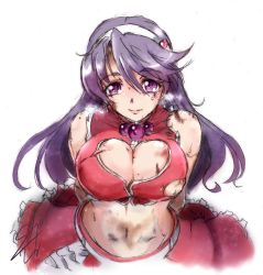 Rule 34 | 1girl, asamiya athena, breasts, cleavage, dress, headband, highres, large breasts, long hair, looking at viewer, midriff, navel, psycho soldier, purple hair, smile, snk, solo, sweat, the king of fighters, the king of fighters 2003, upper body