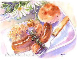 Rule 34 | artist name, bread, commentary request, daisy, english text, flower, flower request, food, food focus, food request, fork, marine-island, no humans, original, painting (medium), sausage, signature, still life, traditional media, watercolor (medium), white flower