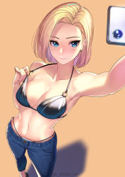 Rule 34 | 1girl, absurdres, android 18, armpits, bare shoulders, bikini, black bikini, blonde hair, blue eyes, blue pants, blush, breasts, cellphone, cleavage, collarbone, denim, dragon ball, dragonball z, earrings, foreshortening, from above, highres, holding, holding phone, jeans, jewelry, kagematsuri, large breasts, looking at viewer, navel, o-ring, pants, parted bangs, phone, selfie, short hair, smile, solo, strap pull, swimsuit, yellow background